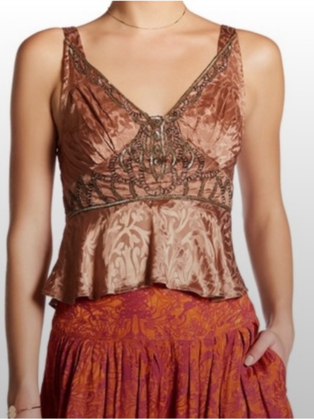 Free People “Mirrors of Paradise” Beaded Peplum Top – Antique Pink – Size 6 – NW